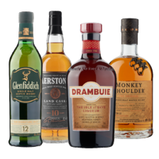 Drambuie whiskylikeur, Aerstone seaof
landcask whisky, Glenfiddich, Monkey
shoulder of Naked fles à 700 ml
of Bols corenwijn fle